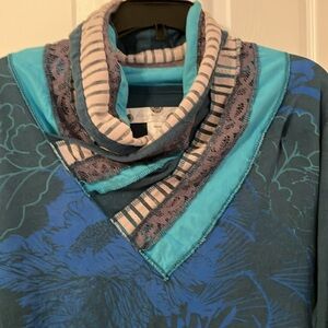 Desigual dark turquoise and blue gray cowel neck long sleeve tee